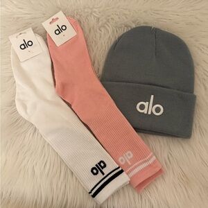 ALO Yoga Pink and Gray Beanie with White Socks